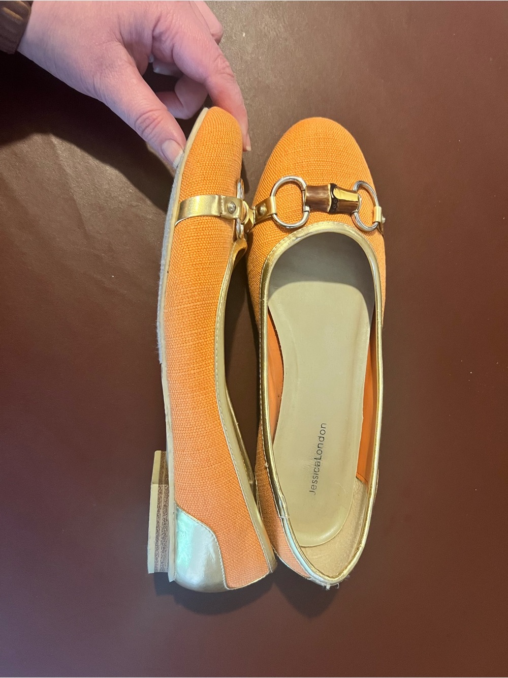 Jessica London Orange Loafer Flats with Gold-Tone Horsebit - Picture 3 of 7